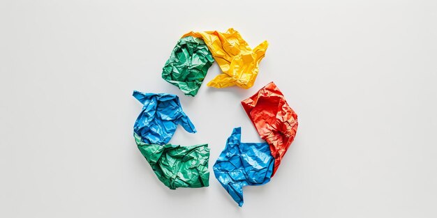 Foto conservação colorido papel arruinado em símbolo de reciclagem