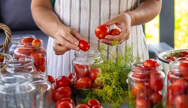 Conservação de tomates em frascos Foco seletivo