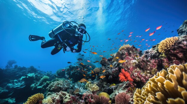Conservação dos recifes de coral Os mergulhadores exploram um mundo submarino colorido
