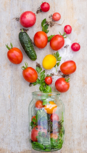 Conservación, decapado de hortalizas de tomates y pepinos. Enfoque selectivo