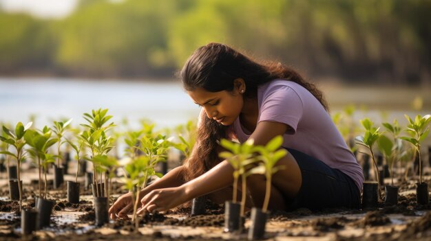 Foto conservación de manglares una mujer planta manglares en una zona costera