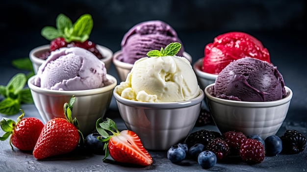 Conservación del sabor del helado con la configuración de arándano, fresa, kiwi, limón y vainilla sin usar sobre una base común Recurso creativo Generado por IA