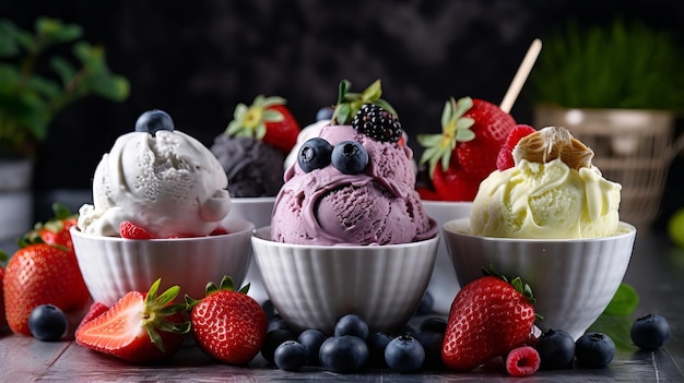 Conservación del sabor del helado con la configuración de arándano, fresa, kiwi, limón y vainilla sin usar sobre una base común Recurso creativo Generado por IA