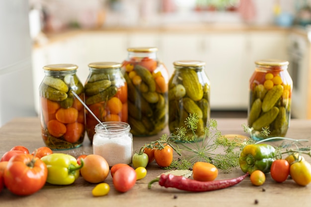 Conservación de tomates y pepinos, la cosecha se sala en tarros.