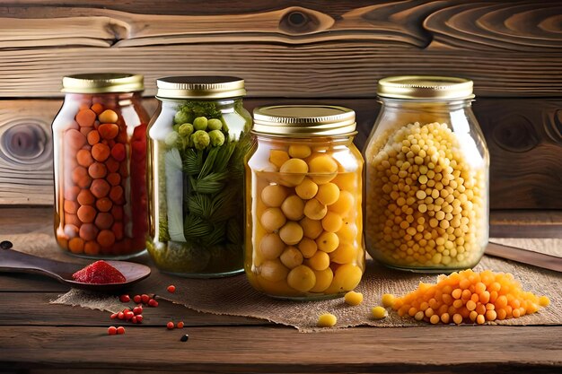 Foto conservas de legumes em jar em fundo de madeira velho