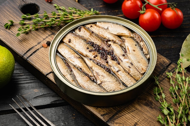 Conservas de peixe em lata com conjunto de sardinha, no fundo da mesa de madeira preta