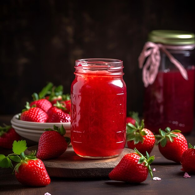 Conservas de fresa caseras o mermelada en un frasco de vidrio rodeado de fresas orgánicas frescas generadas por IA