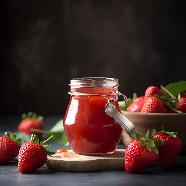 Conservas de fresa caseras o mermelada en un frasco de vidrio rodeado de fresas orgánicas frescas generadas por IA