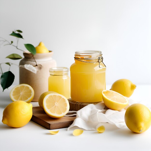 Conservas de limón caseras o mermelada en un tarro de cristal rodeado de limones frescos