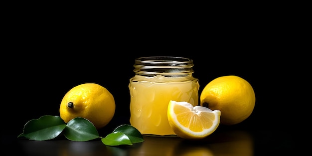 Conservas de limón caseras o mermelada en un tarro de cristal rodeado de limones frescos