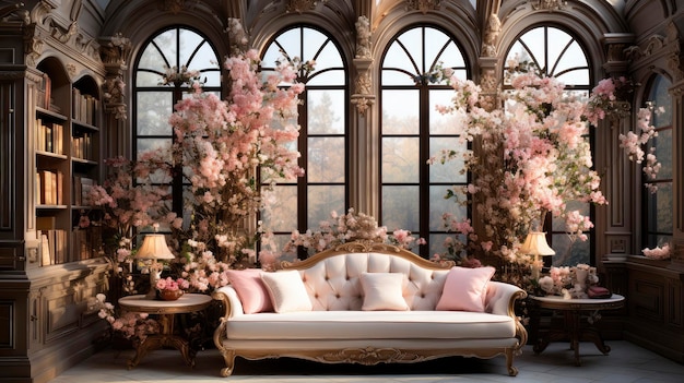 Conservatório de Flores Encantadas Um luxuoso sofá vintage no meio de um país das maravilhas florais
