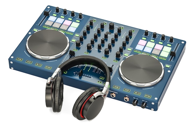 Consola de DJ com fones de ouvido renderização 3D