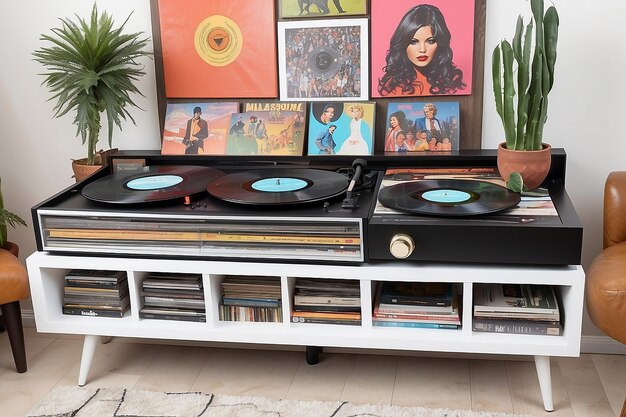 Consola de tocador de discos de vinil retro reutilizada em um centro multimídia com exibição de arte de álbuns circundante