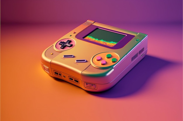 Consola de juegos retro y pad sobre fondo amarillo a rosa creado con tecnología generativa ai