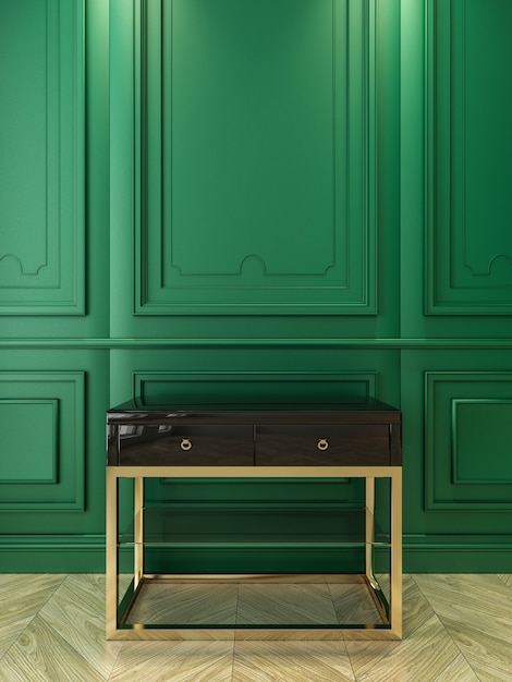 Consola negra con interior dorado en verde clásico. Ilustración de render 3d.