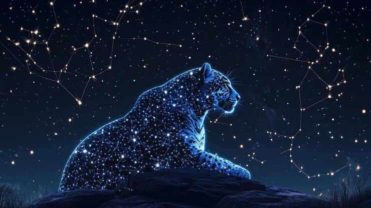 Foto constelação cheia de estrelas em forma de leopardo sentada entre outras constelações à noite