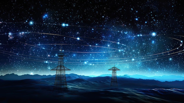 La constelación de satélites GPS salpica el cielo nocturno estrellado, un testimonio de la innovación humana que une los reinos de la tecnología y la vasta extensión del universo. Generado por IA.
