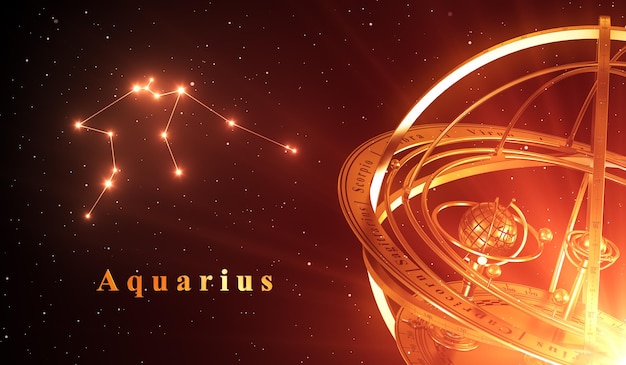 Constelación del zodiaco Acuario y esfera armilar sobre fondo rojo.