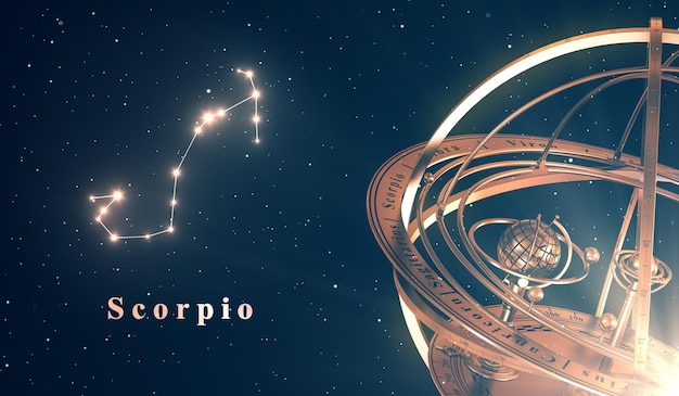 Constelación del zodiaco Escorpio y esfera armilar sobre fondo azul.