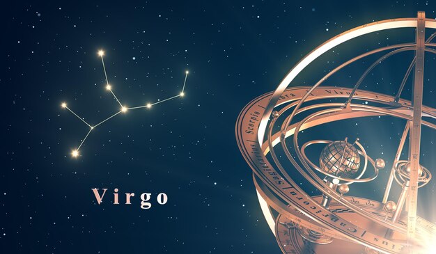 Constelación del zodiaco Virgo y esfera armilar sobre fondo azul.