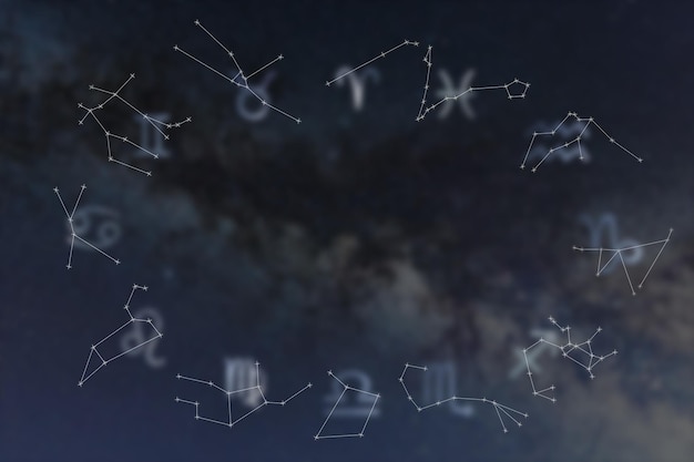 Foto constelações do zodíaco câncer, peixes, aquário, capricórnio, sagitário, escorpião, libra, virgem, leão, gêmeos, touro, áries. fundo da galáxia