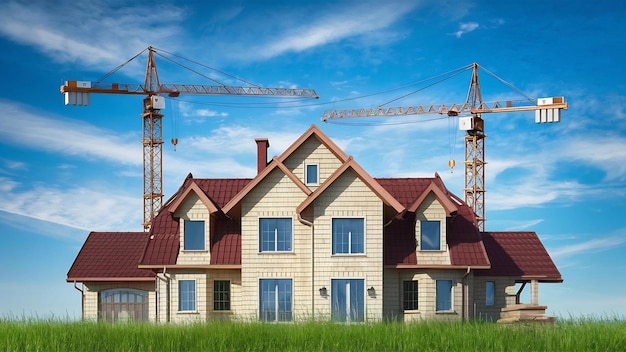 Construção de casas com guindastes de construção em um fundo de construção e reparação de céu azul
