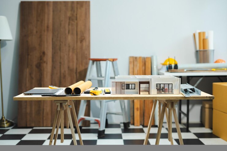 Foto construção de casas e edifícios trabalhos de reparação de computadores portáteis e escritórios construção de mesas em escritórios com fundo desfocado conceito de arquiteto