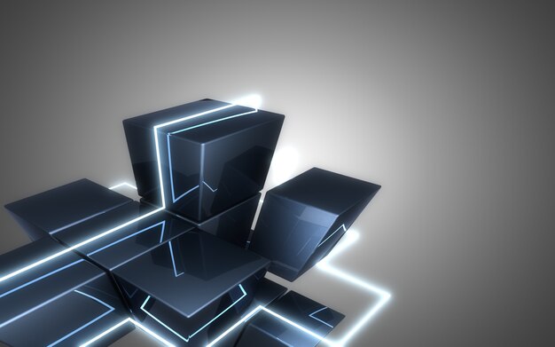Construção de cubos abstratos com ilustração de luz de néon.
