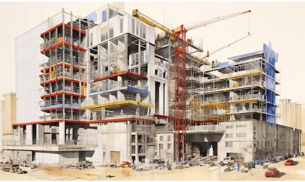 Construção de edifício de vários andares com guindastes