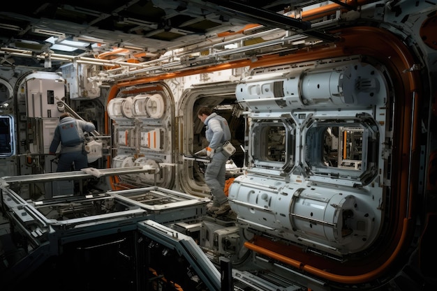 Construção de estação espacial em gravidade zero Interior de uma estação espacial completa com salas de controle áreas de gravidade zero geradas por IA
