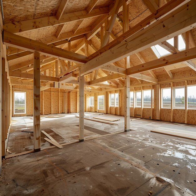 Foto construção de estrutura de madeira com postes de treliça e vigas para um projeto de fabricação de novas casas