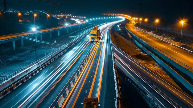 Foto construção de rodovias autônomas iluminadas à noite mostra o rápido desenvolvimento de infraestruturas