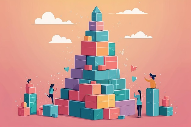 Construção de Torre de Afirmação SelfLove com Blocos Positivos Vector de Estilo Plano