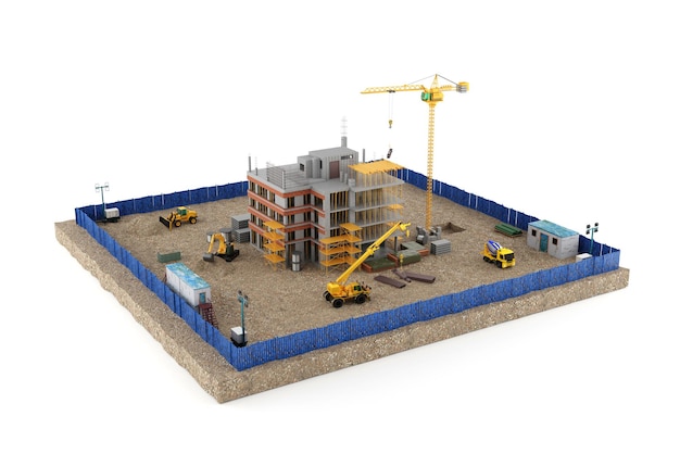 Foto construção do edifício com renderização de guindaste e grader3d