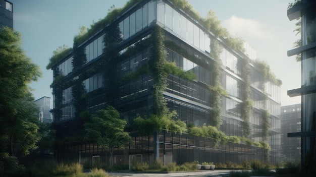 Construção ecológica moderna com grande vegetação de árvores de janelas na metrópole Al gerada