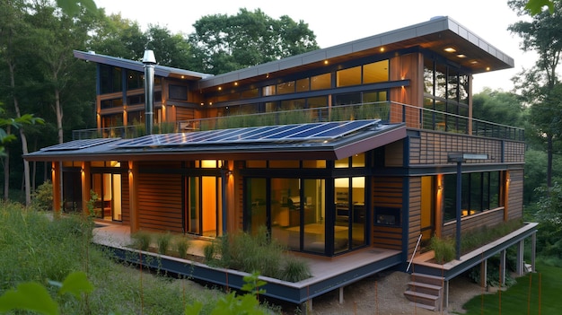 Construção familiar ecológica Casa verde movida a energia solar Vida sustentável