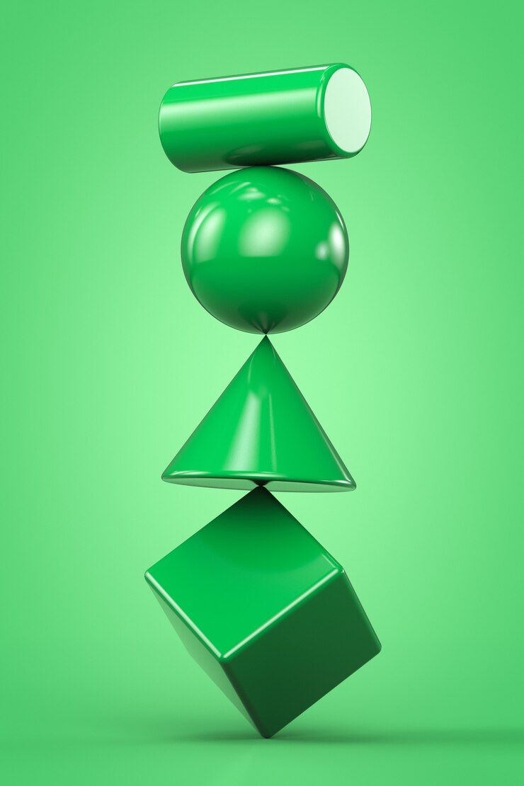 Foto construção instável de formas geométricas verdes isolada em fundo verde