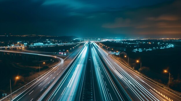 Foto construção nocturna iluminada de infraestruturas rodoviárias autônomas