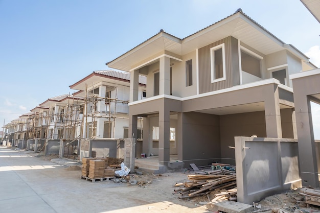 Entusiasmado capataz em capacete na nova casa em construção construtor no  canteiro de obras manufacturado home notícias casa modular habitação  convencional construtor frente da casa americana