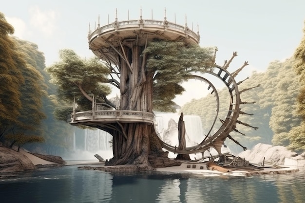 La construcción de un árbol en medio de un lago.