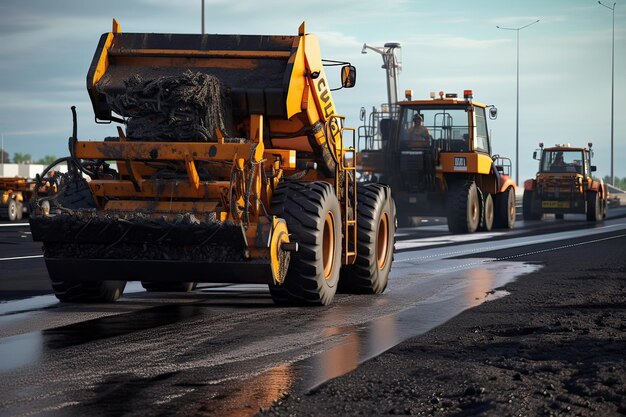 Foto construcción de carreteras en acción equipo pesado asfalto