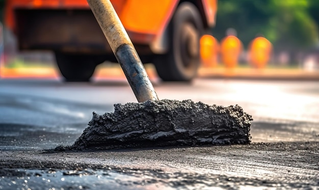 Construcción de carreteras colocación manual de asfalto con primer plano de raspador Creado utilizando herramientas de IA generativas