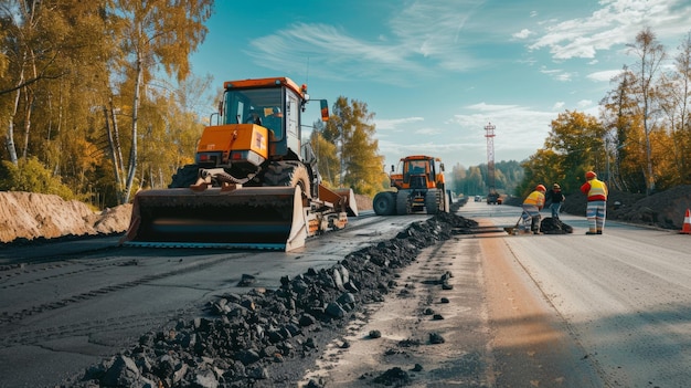 Foto construcción de carreteras con trabajadores y maquinaria pesada en una escena vibrante a la luz del día