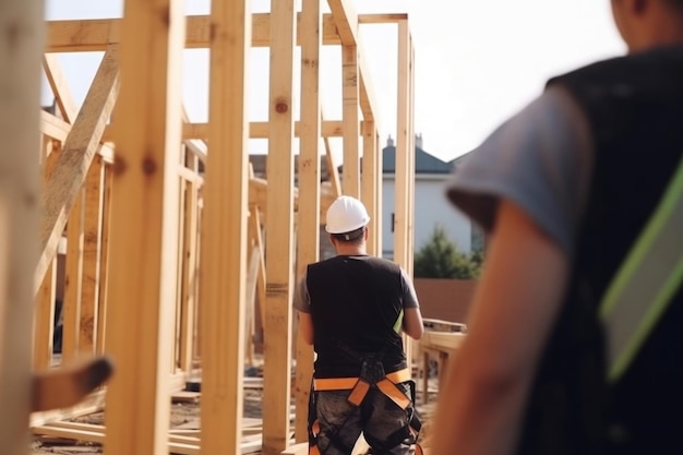 Construcción de casa nueva Estructura de madera con poste de armadura y vigas IA generativa