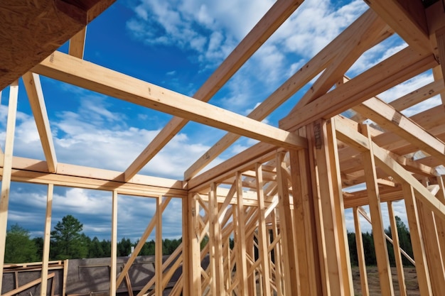 Construcción de casa nueva Estructura de madera con poste de armadura y vigas IA generativa