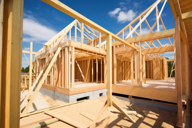 Construcción de casa nueva Estructura de madera con poste de armadura y vigas IA generativa