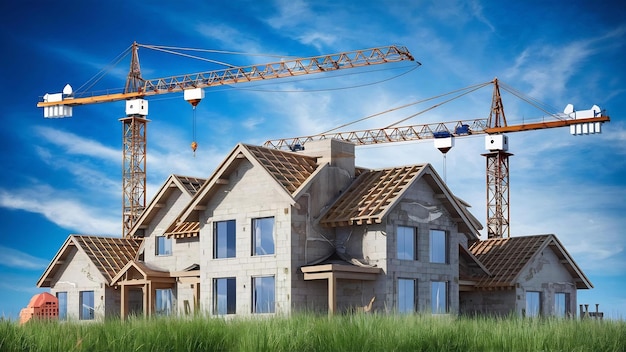 Construcción de casas con grúas de construcción en un fondo de construcción y reparación de cielo azul