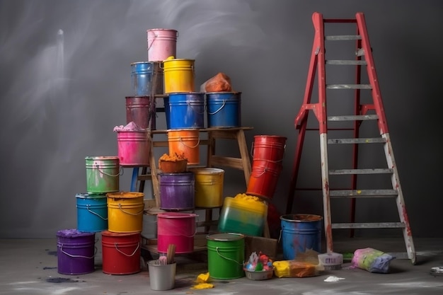 Construcción colorida Reparación de una escalera de tijera con latas de pintura multicolor AI