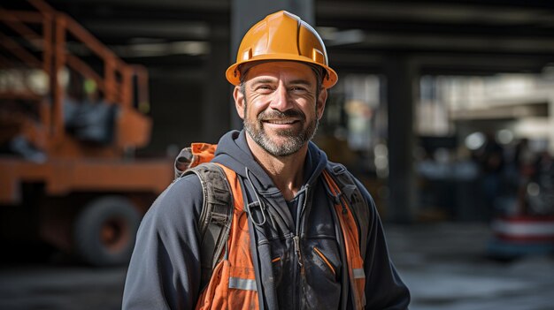 Construcción feliz Trabajador profesional que usa chaleco de seguridad y trabajador duro generado por IA