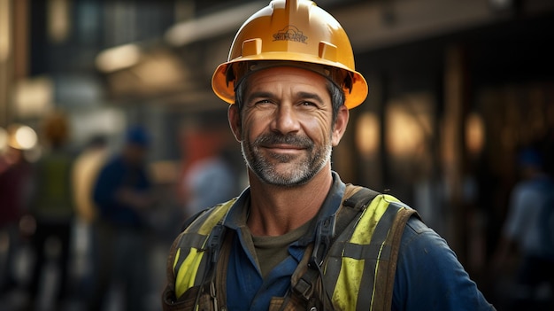 Construcción feliz Trabajador profesional que usa chaleco de seguridad y trabajador duro generado por IA